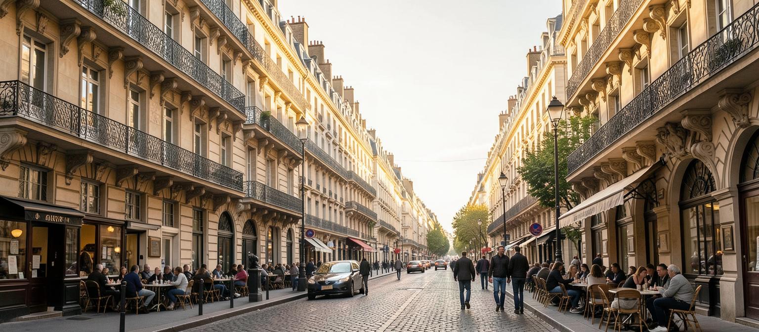 Paris Haussmann boulevard with iron balconies and a cafe terrace