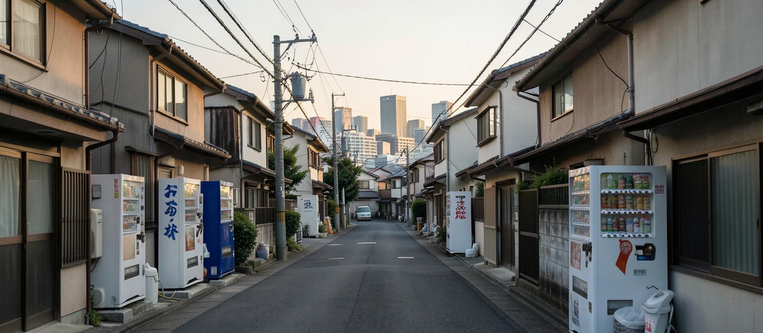 Tokyo residential street of low-rise homes with the city skyline behind