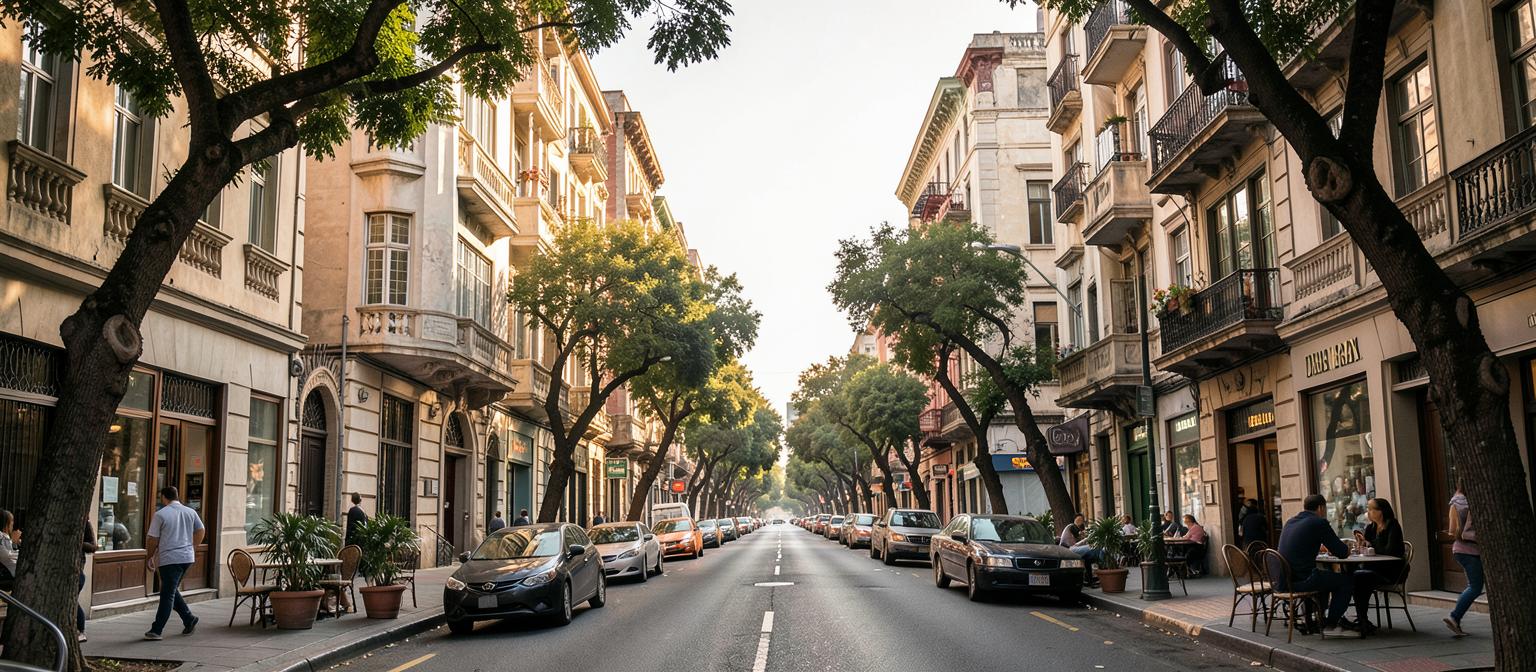 Mexico City Condesa avenue with tree-lined pavements and cafes