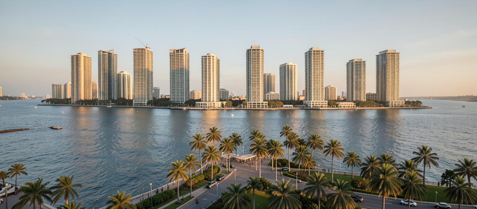 Panama City residential towers across the bay with a palm-lined promenade