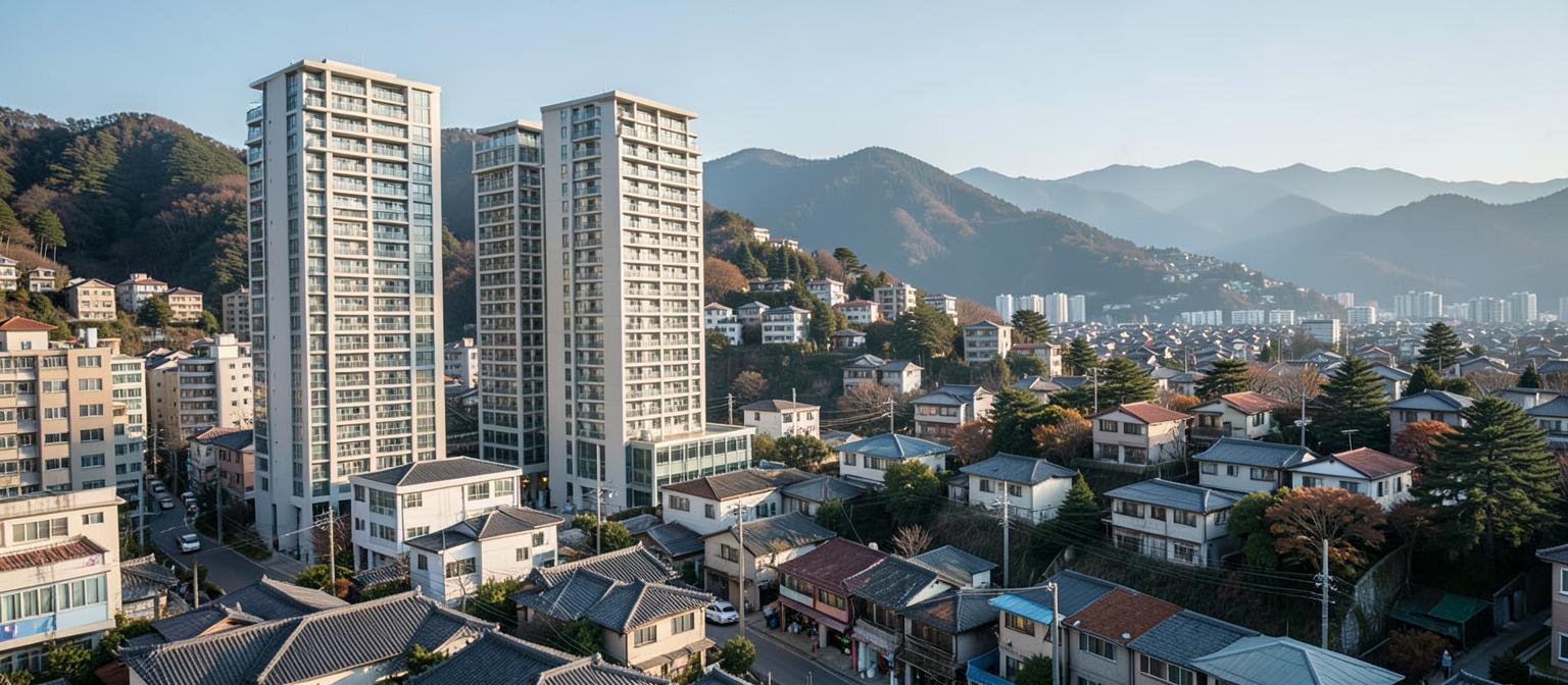 Seoul neighbourhood of apartment towers and houses below forested mountains