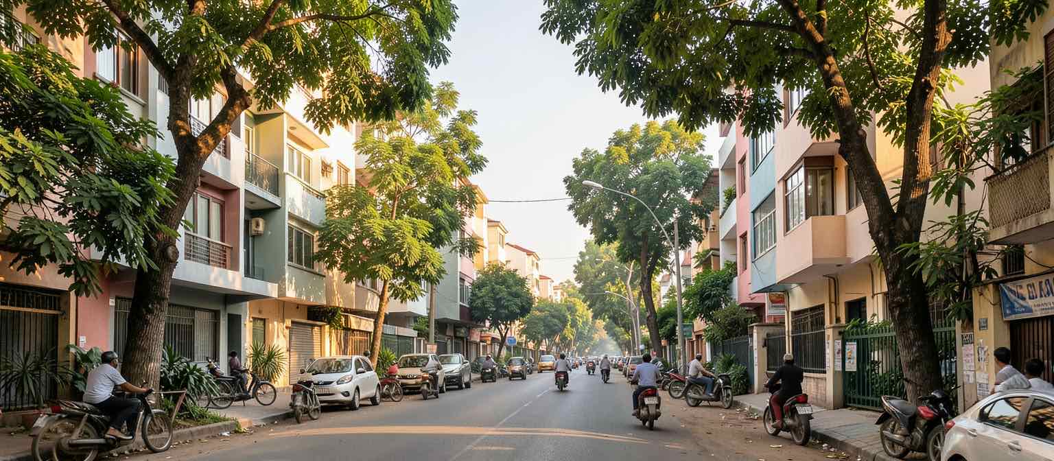 Leafy Indian city street with low-rise apartment buildings and daily traffic