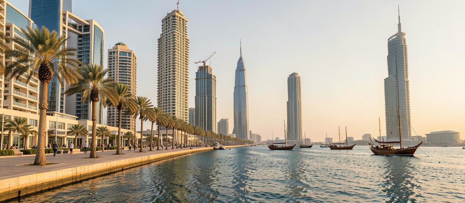 Doha Corniche promenade with palm trees, dhow boats and residential towers